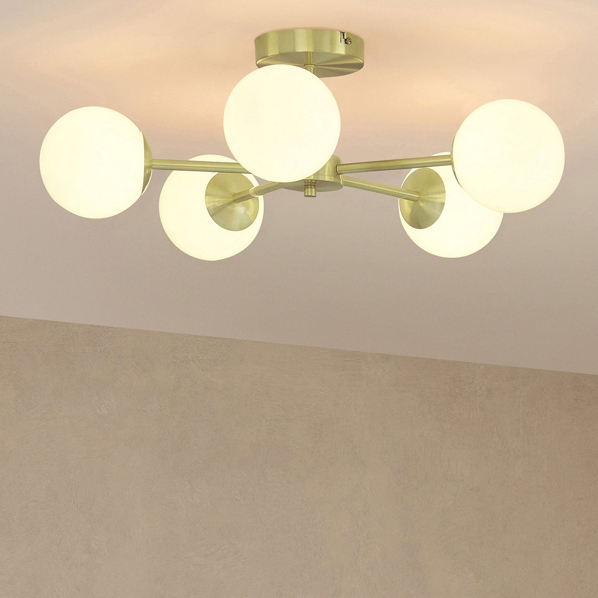 Globe 5 Light Semi Flush Ceiling Light in Brushed Brass with Opal Glass Shades