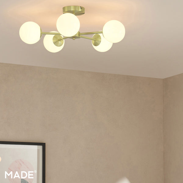 Globe 5 Light Semi Flush Ceiling Light in Brushed Brass with Opal Glass Shades