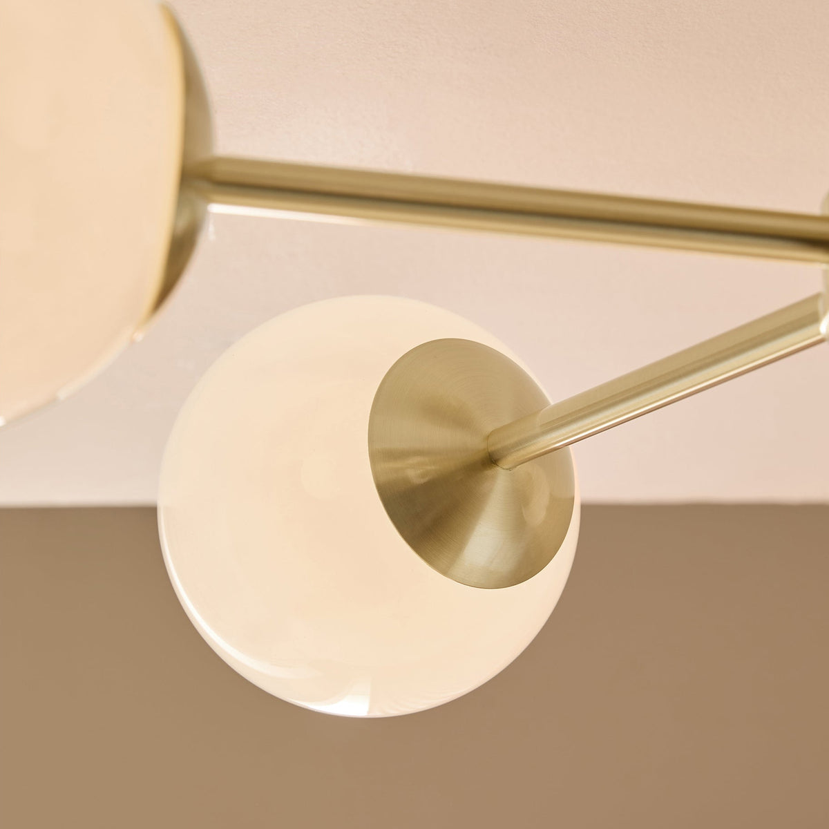 Globe 5 Light Semi Flush Ceiling Light in Brushed Brass with Opal Glass Shades