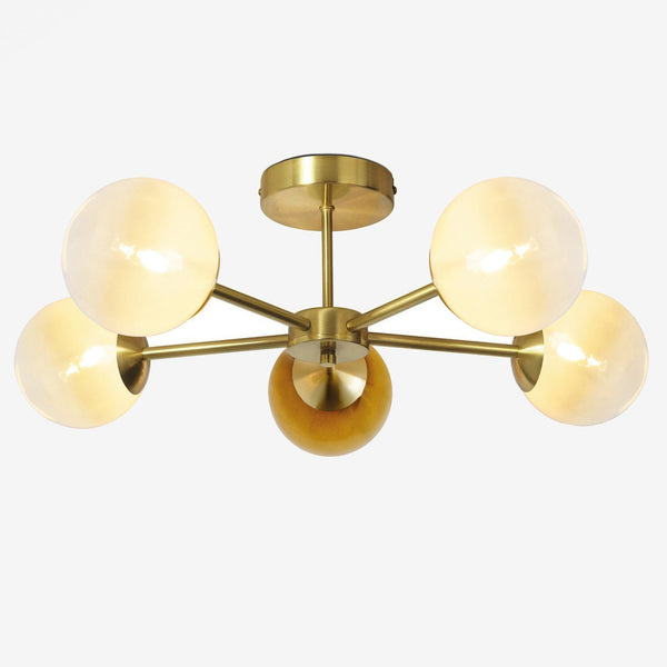 Globe 5 Light Semi Flush Ceiling Light in Brushed Brass with Green Ombre Glass Shades