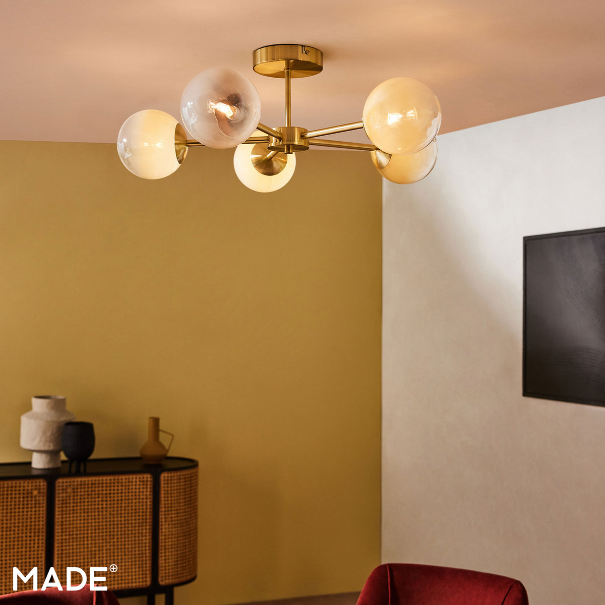 Globe 5 Light Semi Flush Ceiling Light in Brushed Brass with Green Ombre Glass Shades