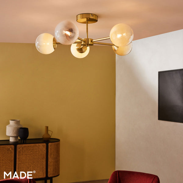 Globe 5 Light Semi Flush Ceiling Light in Brushed Brass with Green Ombre Glass Shades