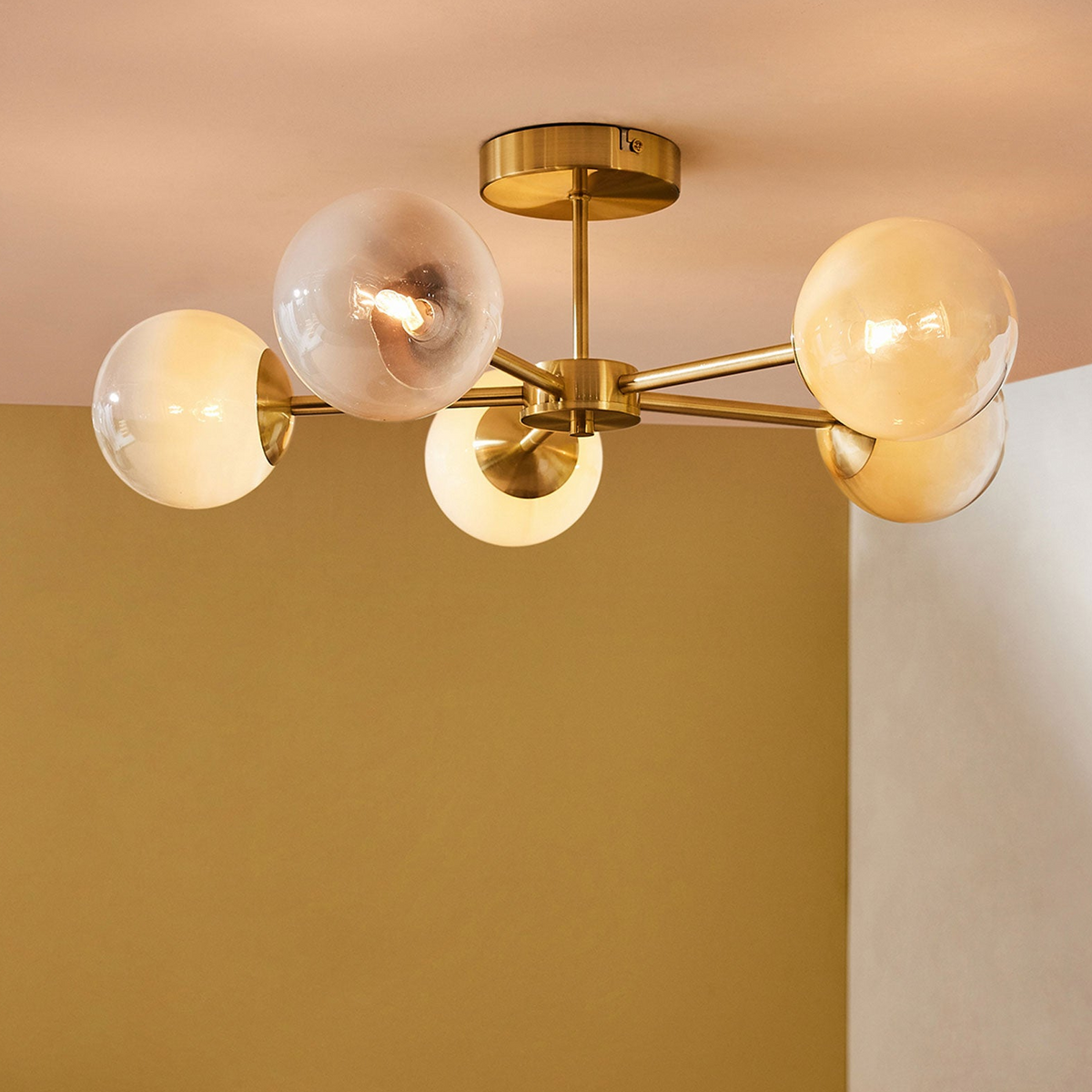 Globe 5 Light Semi Flush Ceiling Light in Brushed Brass with Green Ombre Glass Shades