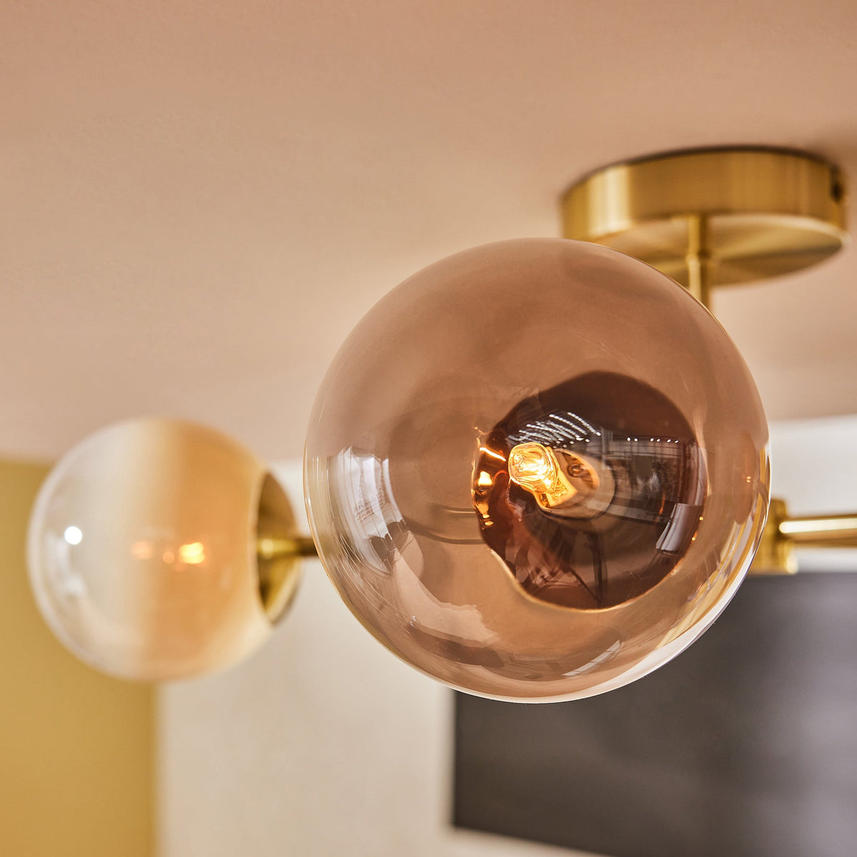 Globe 5 Light Semi Flush Ceiling Light in Brushed Brass with Green Ombre Glass Shades