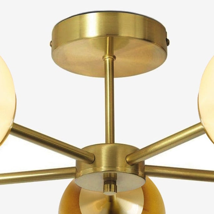 Globe 5 Light Semi Flush Ceiling Light in Brushed Brass with Green Ombre Glass Shades
