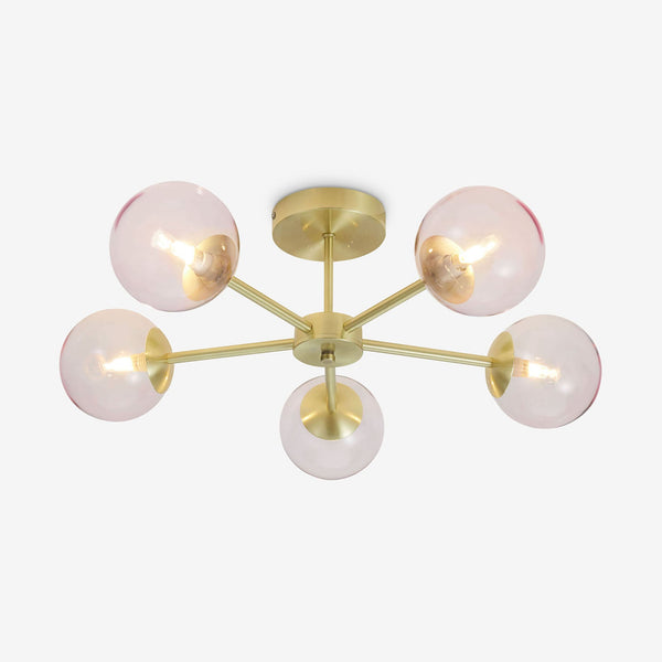 Globe 5 Light Semi Flush Ceiling Light in Brushed Brass with Pink Shades