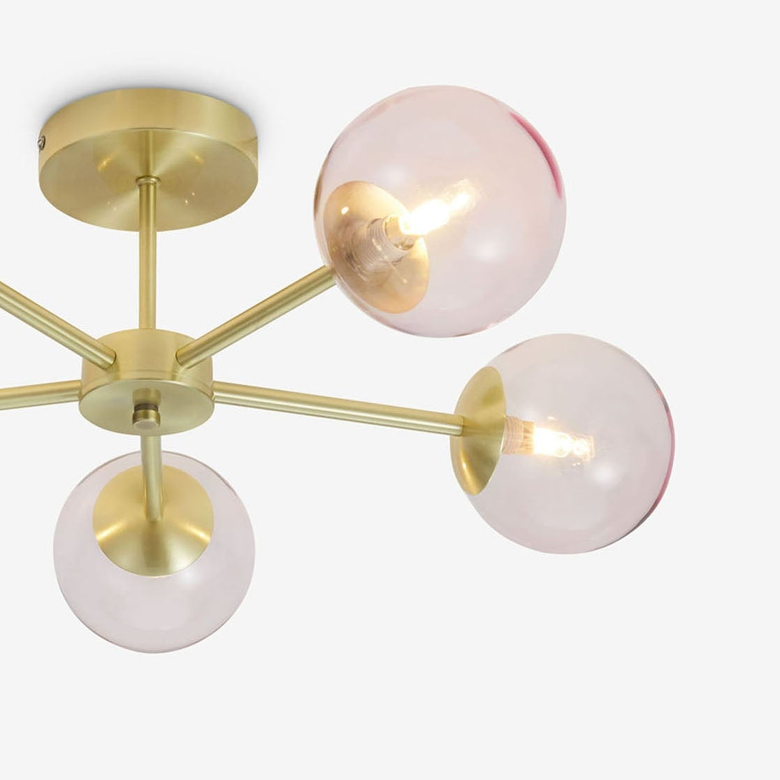 Globe 5 Light Semi Flush Ceiling Light in Brushed Brass with Pink Shades