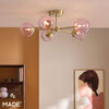 Globe 5 Light Semi Flush Ceiling Light in Brushed Brass with Pink Shades