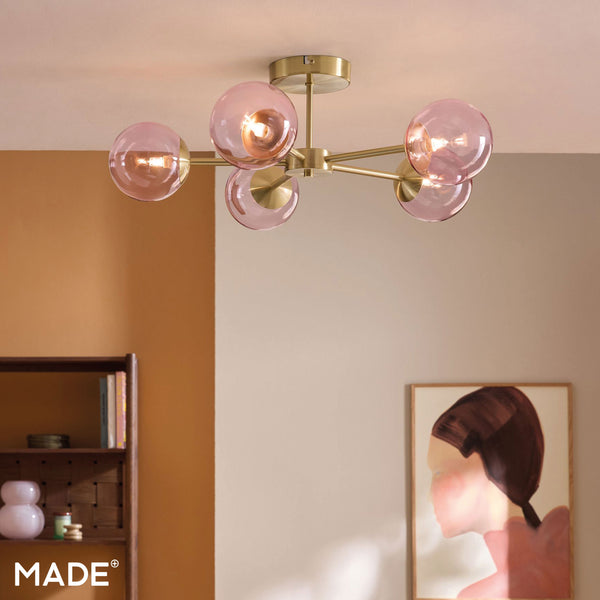 Globe 5 Light Semi Flush Ceiling Light in Brushed Brass with Pink Shades