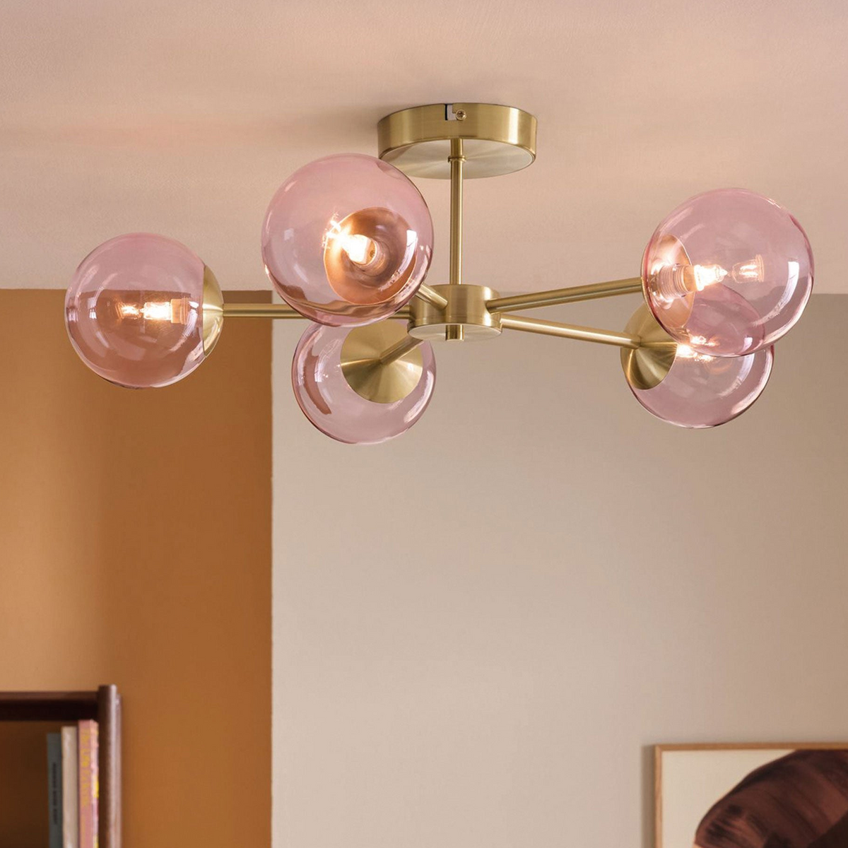 Globe 5 Light Semi Flush Ceiling Light in Brushed Brass with Pink Shades
