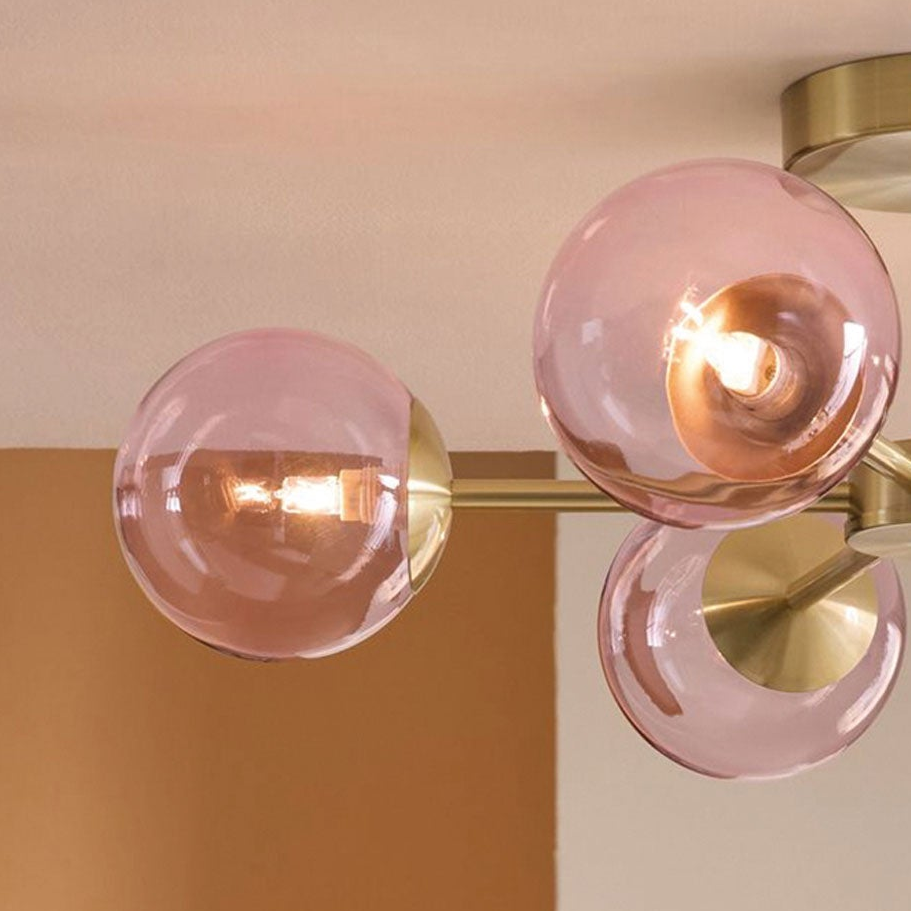 Globe 5 Light Semi Flush Ceiling Light in Brushed Brass with Pink Shades