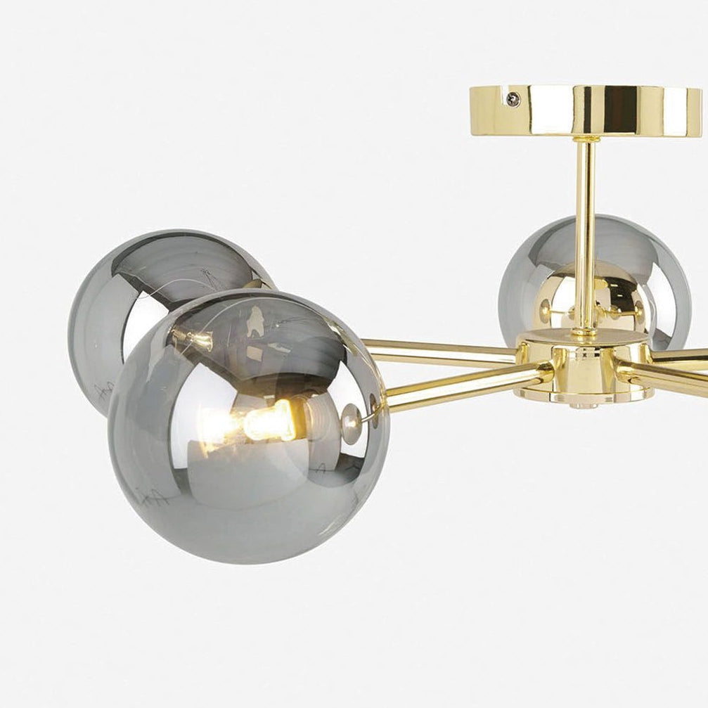 Globe 5 Light Semi Flush Ceiling Light in Polished Brass with Smoked Glass Shades
