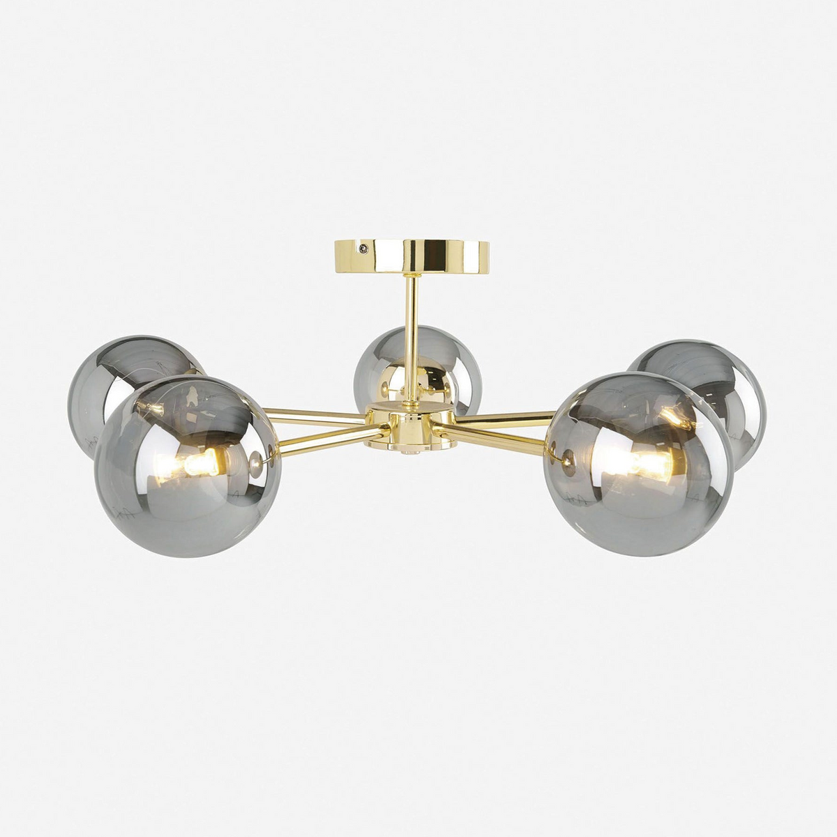 Globe 5 Light Semi Flush Ceiling Light in Polished Brass with Smoked Glass Shades