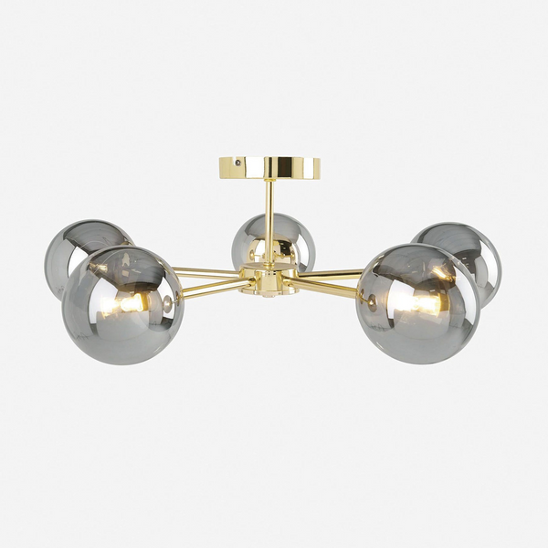 Globe 5 Light Semi Flush Ceiling Light in Polished Brass with Smoked Glass Shades