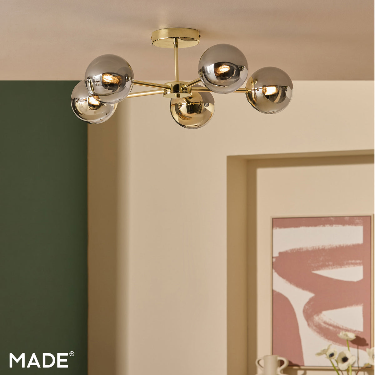 Globe 5 Light Semi Flush Ceiling Light in Polished Brass with Smoked Glass Shades