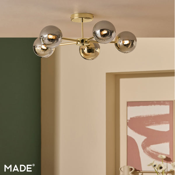 Globe 5 Light Semi Flush Ceiling Light in Polished Brass with Smoked Glass Shades