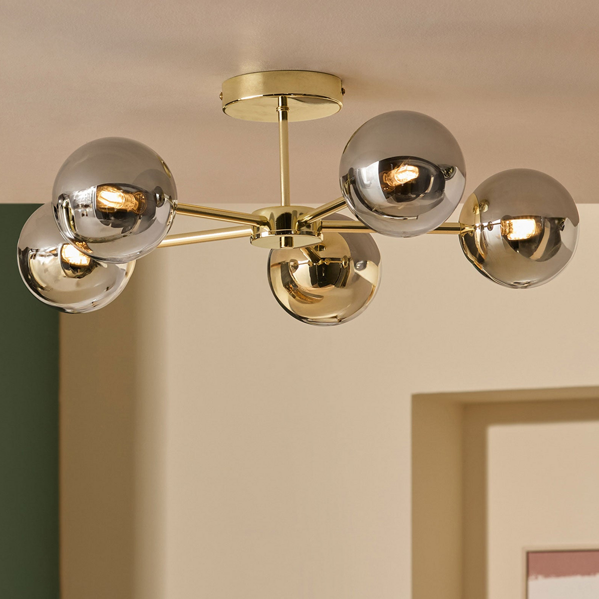 Globe 5 Light Semi Flush Ceiling Light in Polished Brass with Smoked Glass Shades