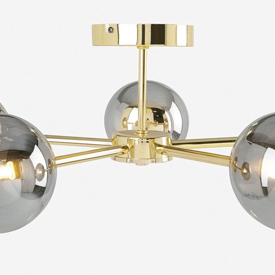 Globe 5 Light Semi Flush Ceiling Light in Polished Brass with Smoked Glass Shades