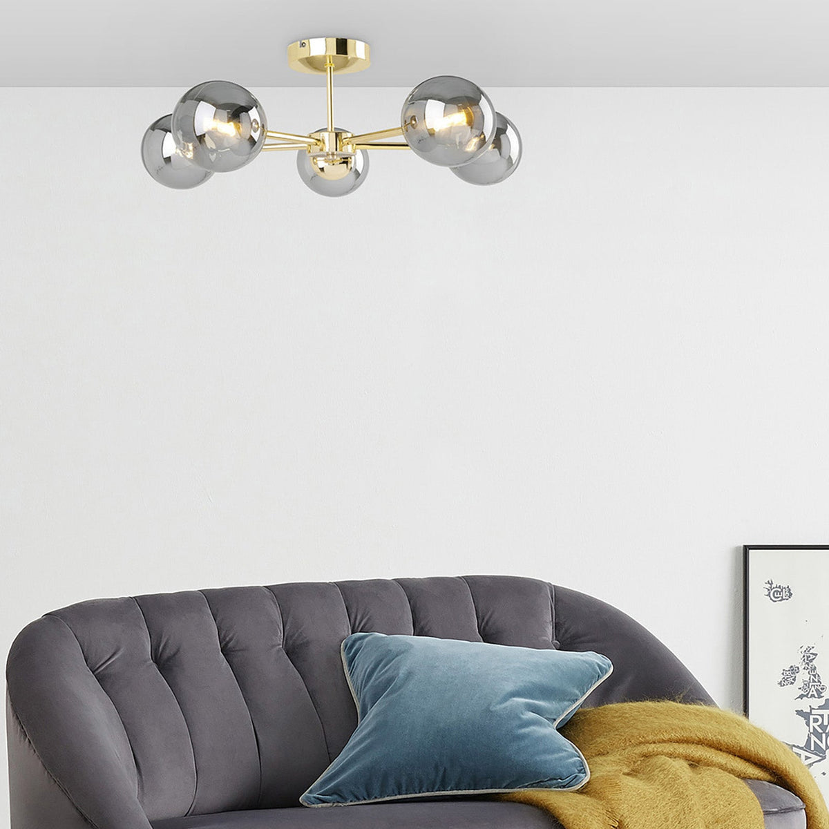 Globe 5 Light Semi Flush Ceiling Light in Polished Brass with Smoked Glass Shades