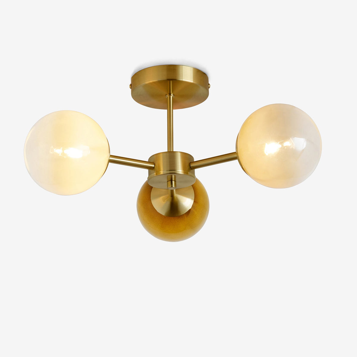 Globe 3 Light Semi Flush Ceiling Light in Brushed Brass with Green Ombre Glass Shades