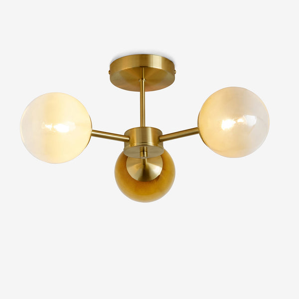 Globe 3 Light Semi Flush Ceiling Light in Brushed Brass with Green Ombre Glass Shades