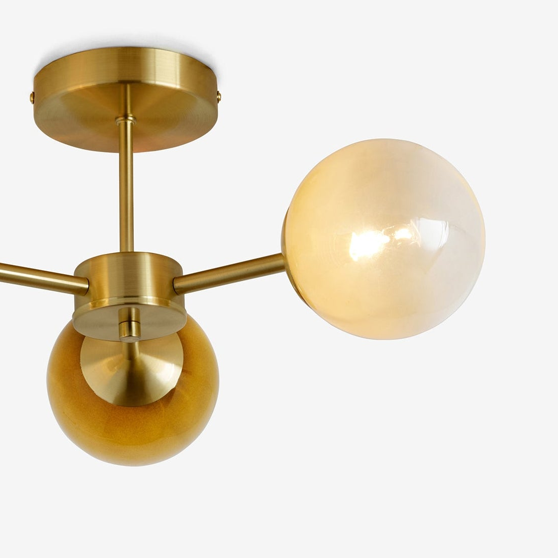 Globe 3 Light Semi Flush Ceiling Light in Brushed Brass with Green Ombre Glass Shades
