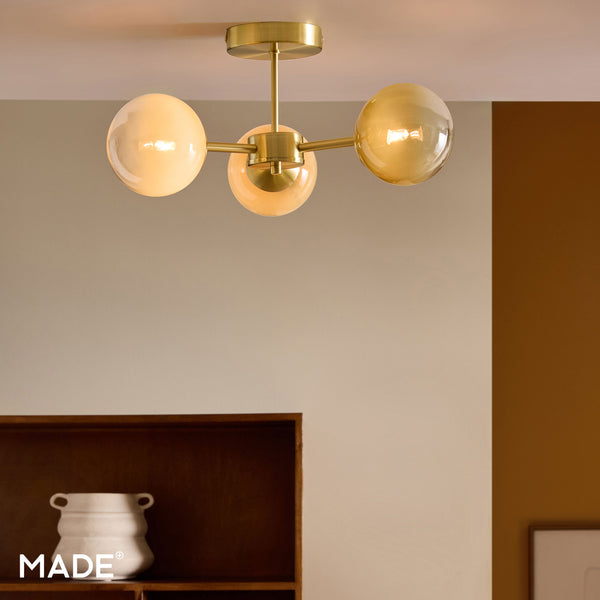 Globe 3 Light Semi Flush Ceiling Light in Brushed Brass with Green Ombre Glass Shades