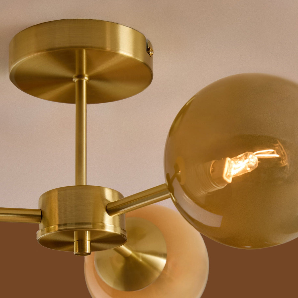 Globe 3 Light Semi Flush Ceiling Light in Brushed Brass with Green Ombre Glass Shades