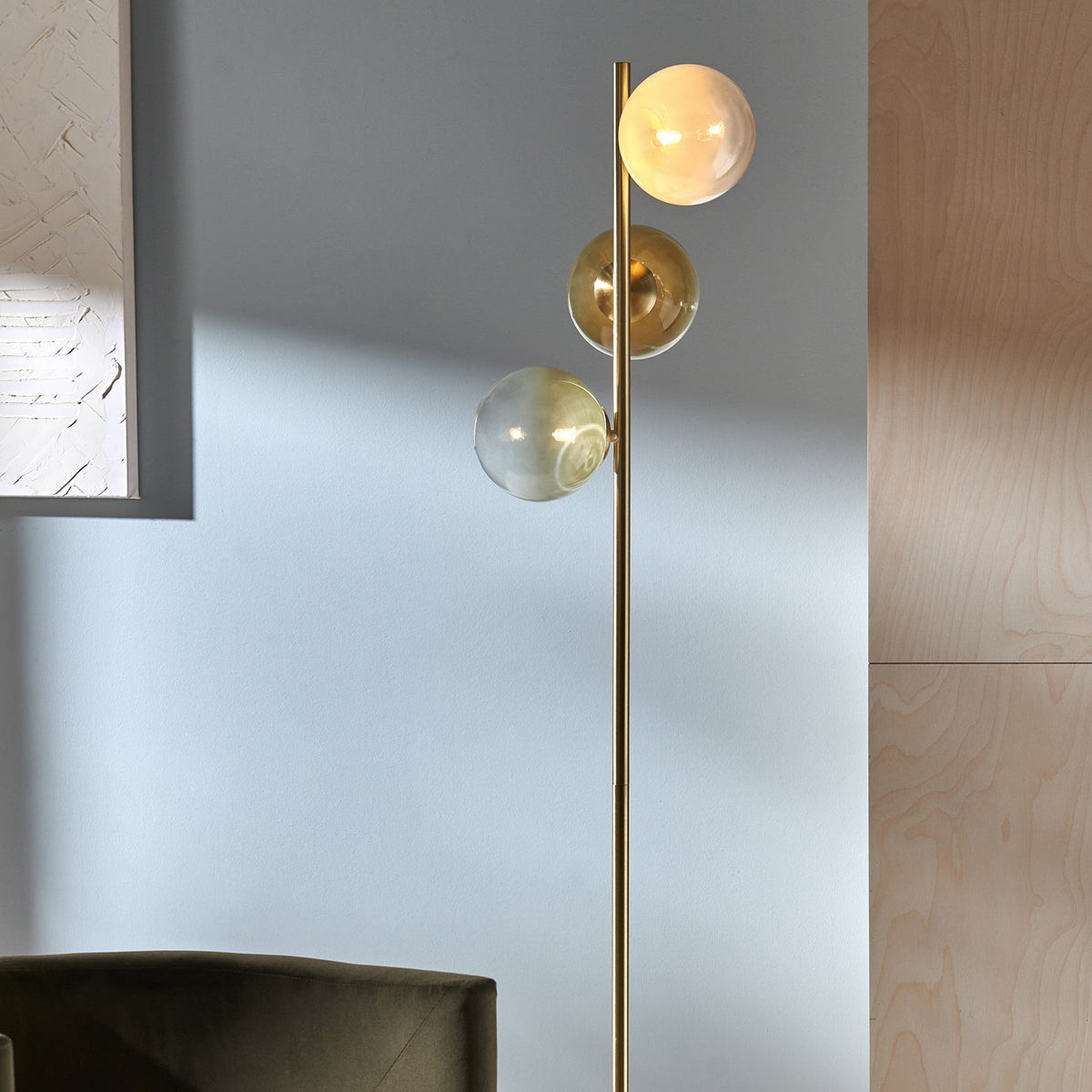 Globe Floor Lamp in Brushed Brass with Green Ombre Glass Shades