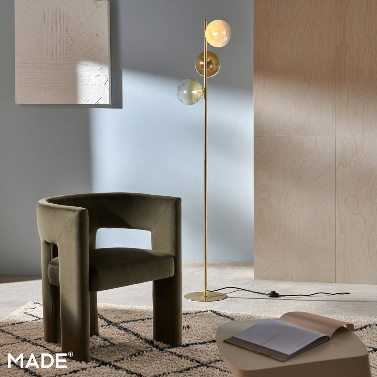 Globe Floor Lamp in Brushed Brass with Green Ombre Glass Shades
