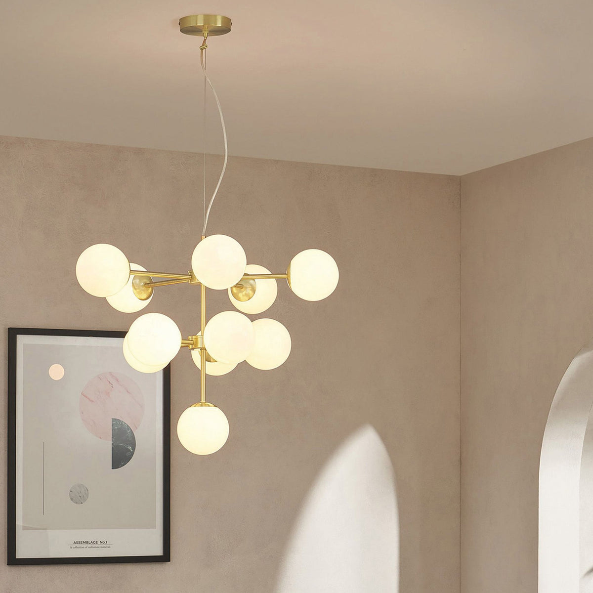 Globe Chandelier in Brushed Brass with Opal Glass Shades