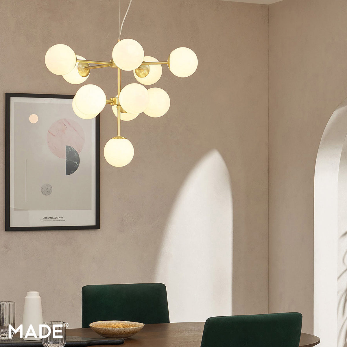 Globe Chandelier in Brushed Brass with Opal Glass Shades