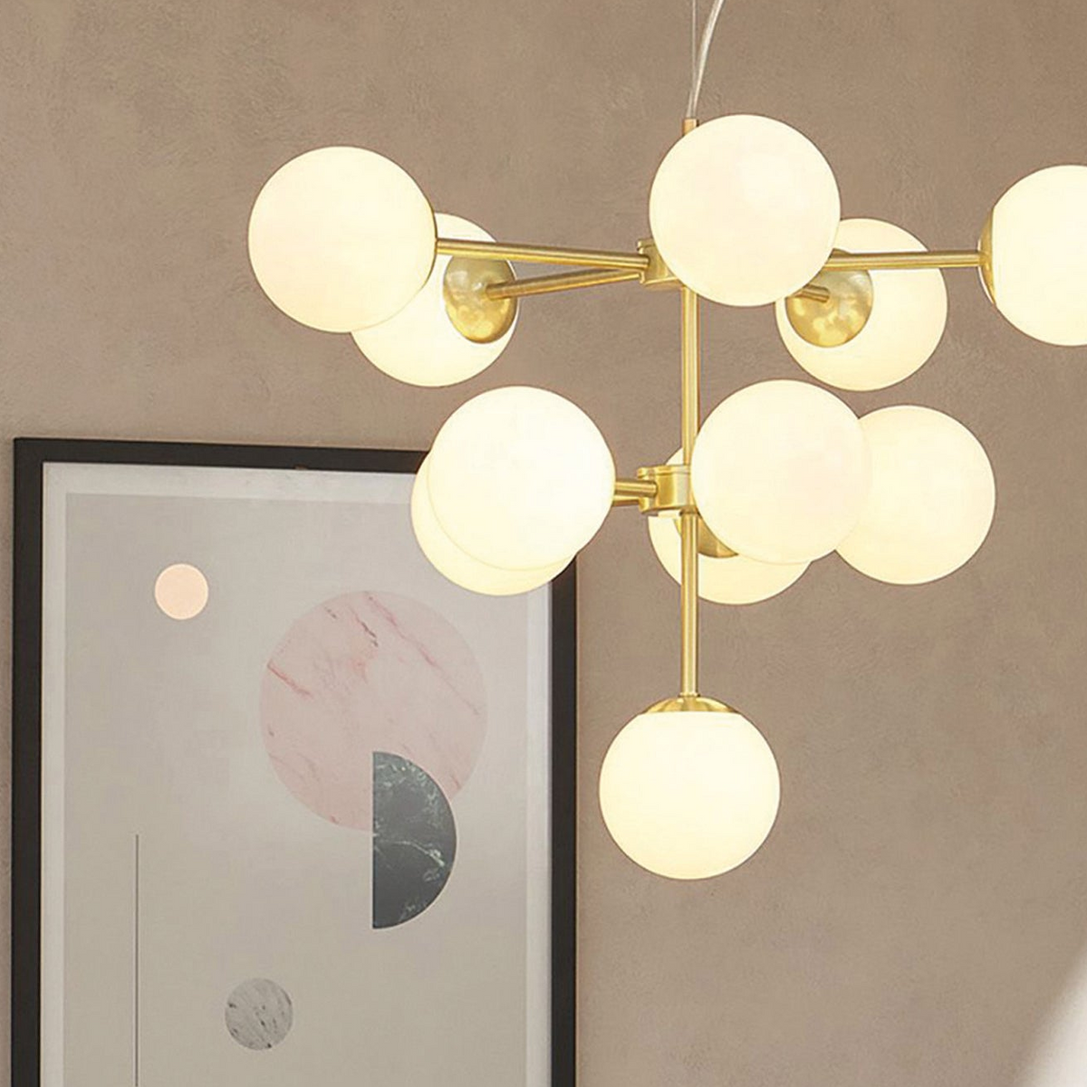 Globe Chandelier in Brushed Brass with Opal Glass Shades