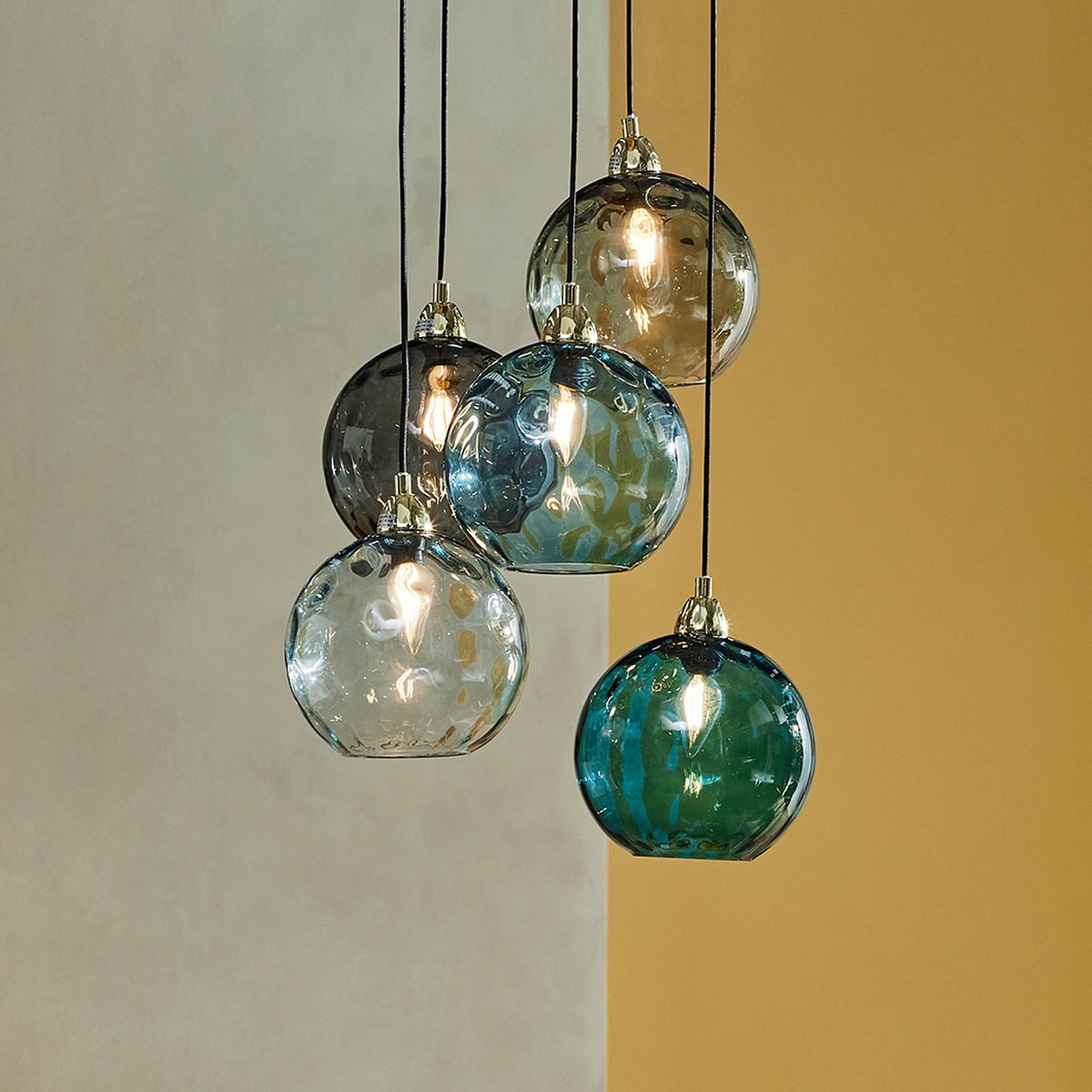 Ilaria 5 Light Cluster Pendant No.1 in Polished Brass with Multi Colour Dimple Glass Shades