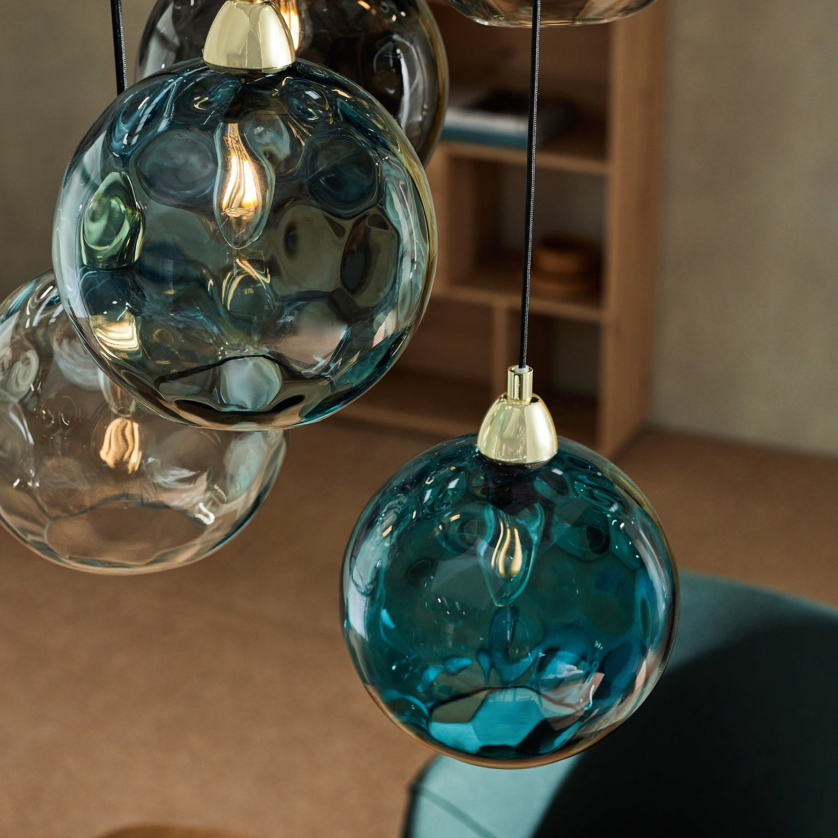 Ilaria 5 Light Cluster Pendant No.1 in Polished Brass with Multi Colour Dimple Glass Shades