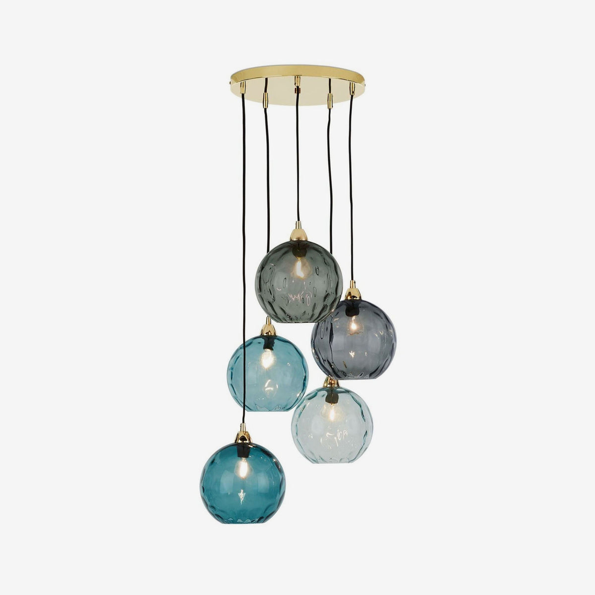 Ilaria 5 Light Cluster Pendant No.1 in Polished Brass with Multi Colour Dimple Glass Shades