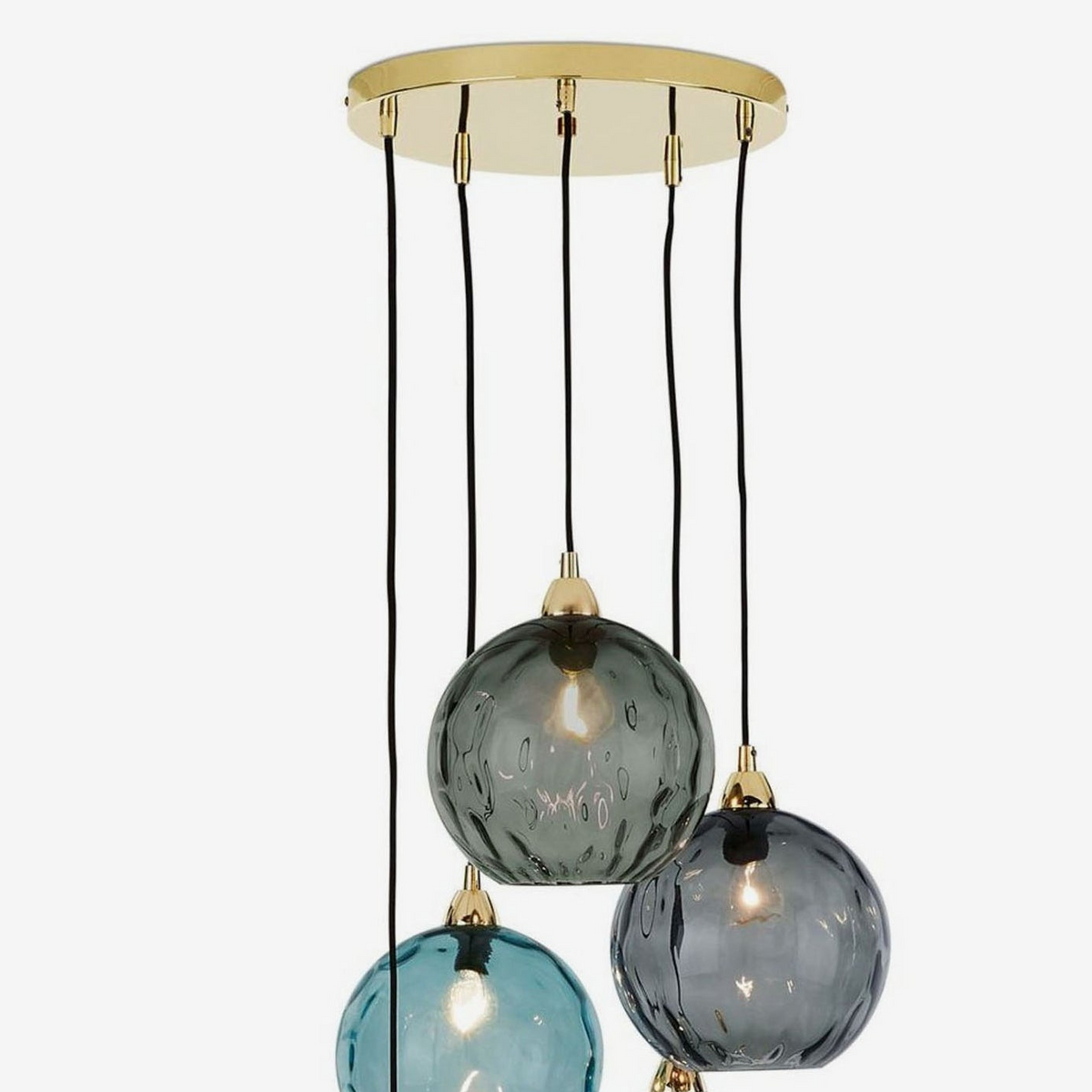 Ilaria 5 Light Cluster Pendant No.1 in Polished Brass with Multi Colour Dimple Glass Shades