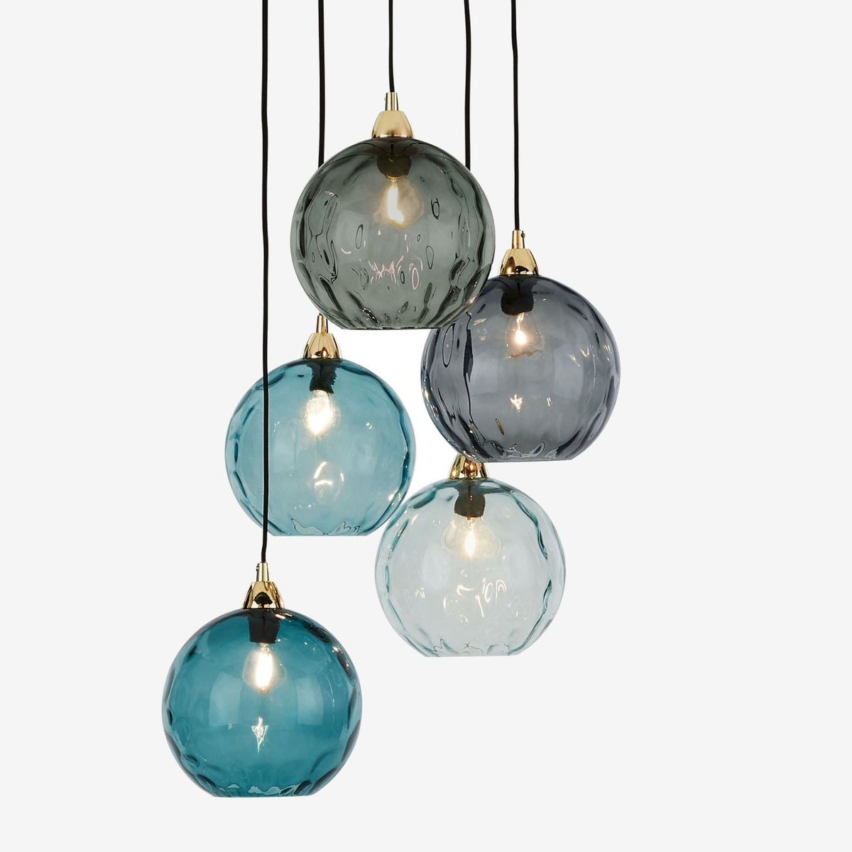 Ilaria 5 Light Cluster Pendant No.1 in Polished Brass with Multi Colour Dimple Glass Shades