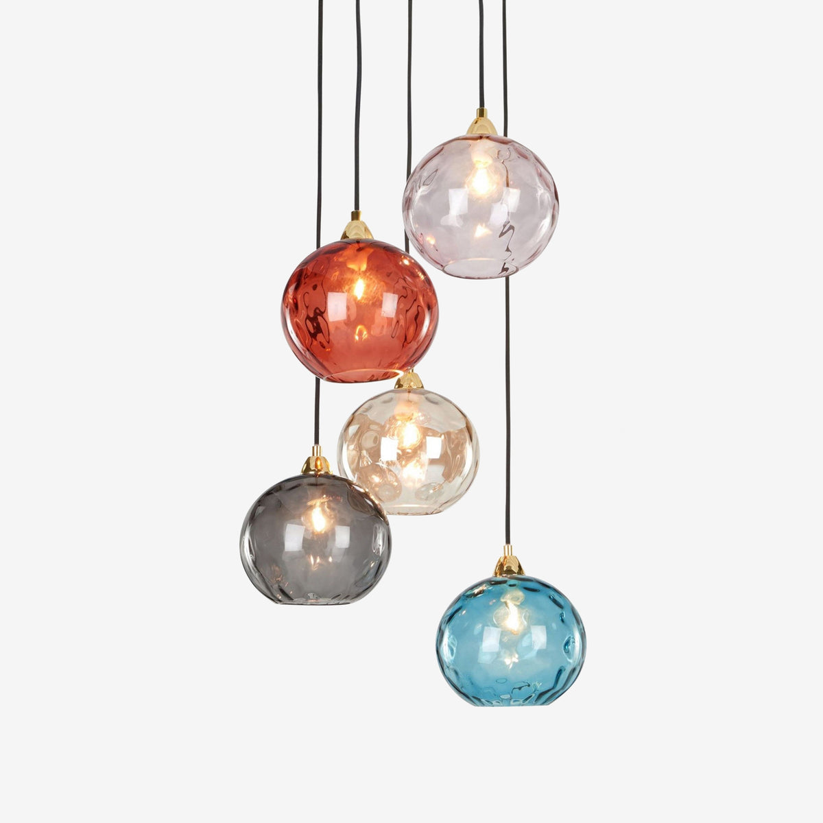 Ilaria 5 Light Cluster Pendant No. 2 in Polished Brass with Multi Colour Dimple Glass Shades