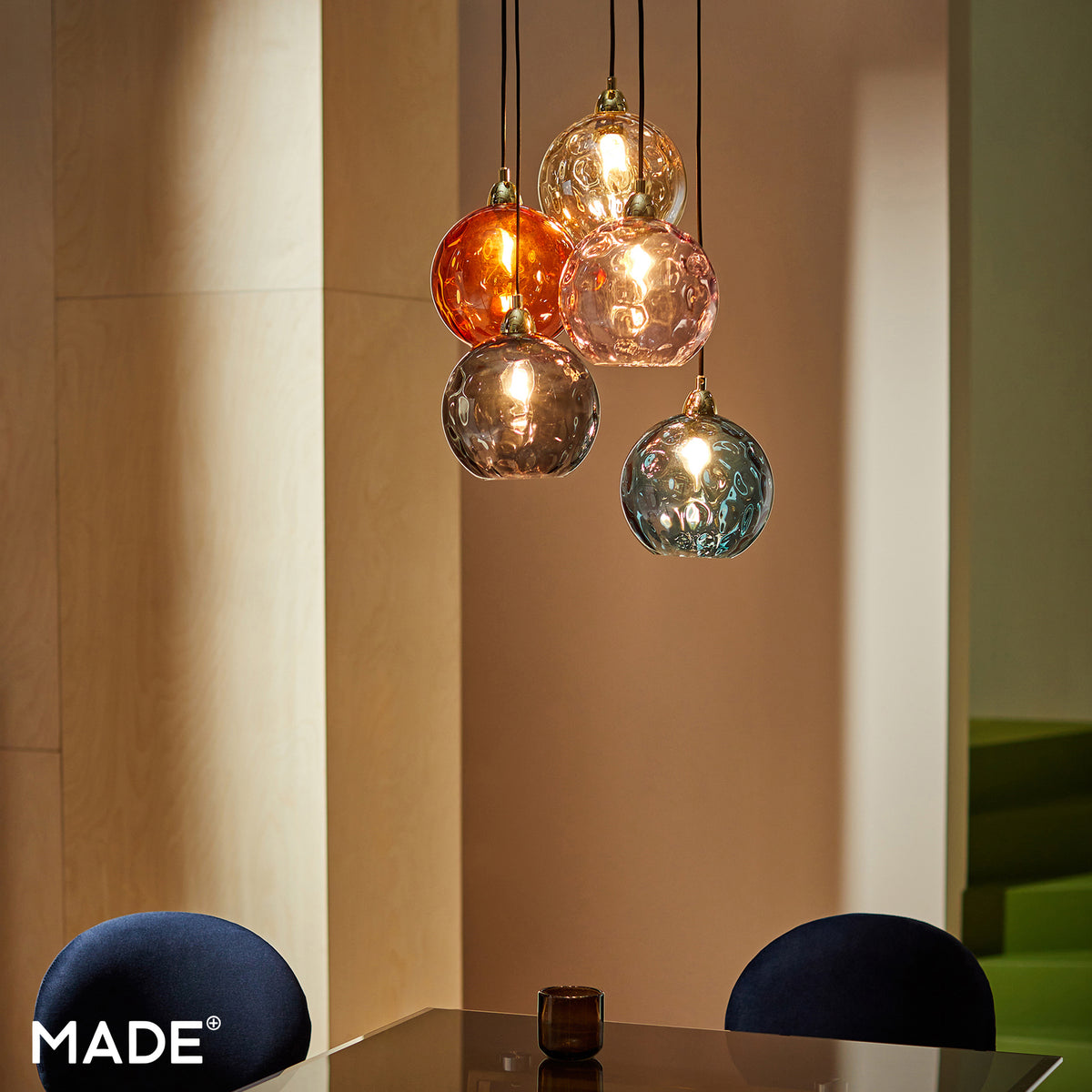 Ilaria 5 Light Cluster Pendant No. 2 in Polished Brass with Multi Colour Dimple Glass Shades