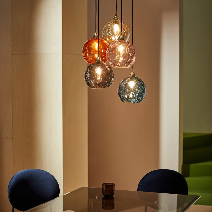 Ilaria 5 Light Cluster Pendant No. 2 in Polished Brass with Multi Colour Dimple Glass Shades