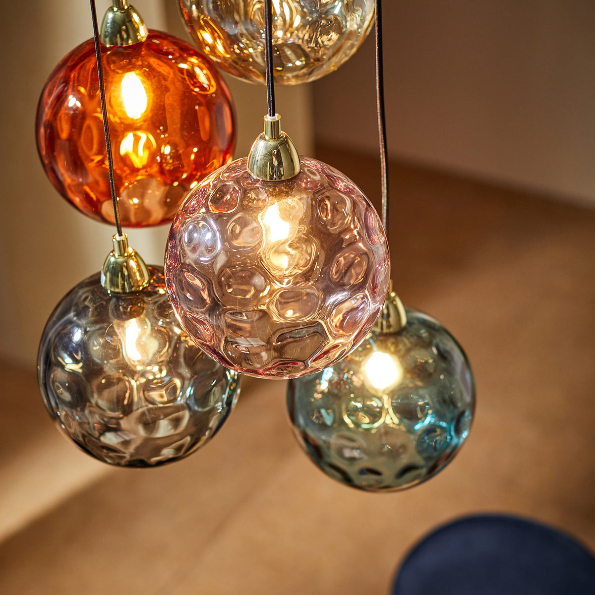 Ilaria 5 Light Cluster Pendant No. 2 in Polished Brass with Multi Colour Dimple Glass Shades