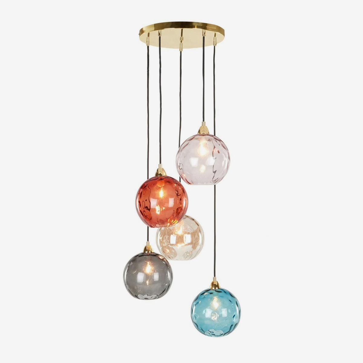 Ilaria 5 Light Cluster Pendant No. 2 in Polished Brass with Multi Colour Dimple Glass Shades