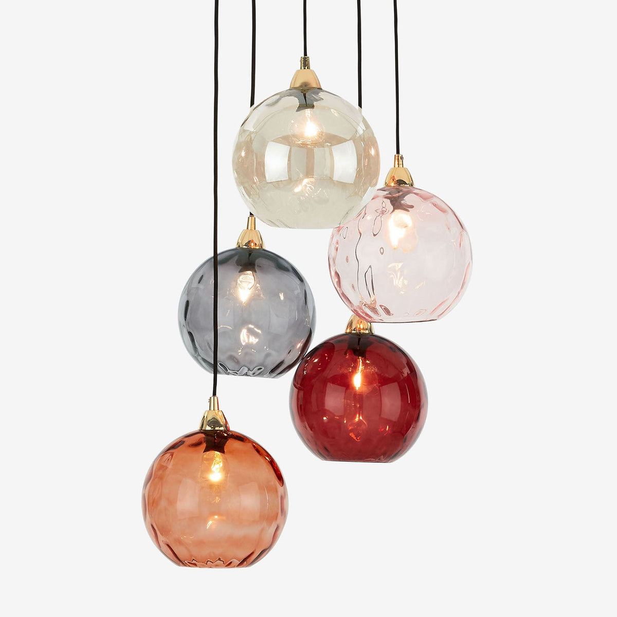 Ilaria 5 Light Cluster Pendant No.3 in Polished Brass with Multi Colour Dimple Glass Shades