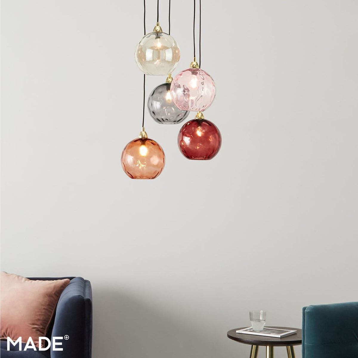 Ilaria 5 Light Cluster Pendant No.3 in Polished Brass with Multi Colour Dimple Glass Shades