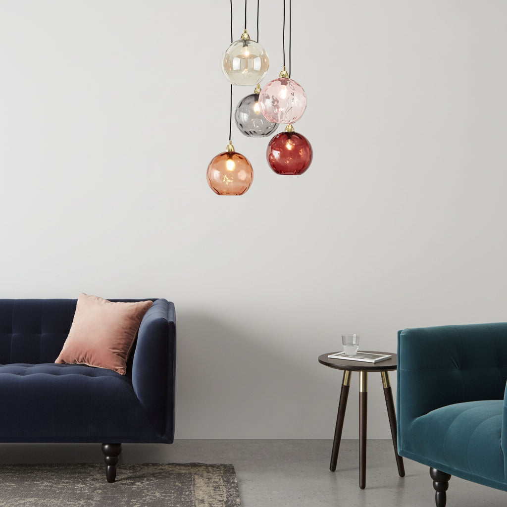 Ilaria 5 Light Cluster Pendant No.3 in Polished Brass with Multi Colour Dimple Glass Shades