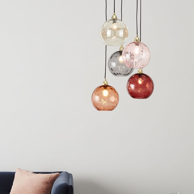 Ilaria 5 Light Cluster Pendant No.3 in Polished Brass with Multi Colour Dimple Glass Shades