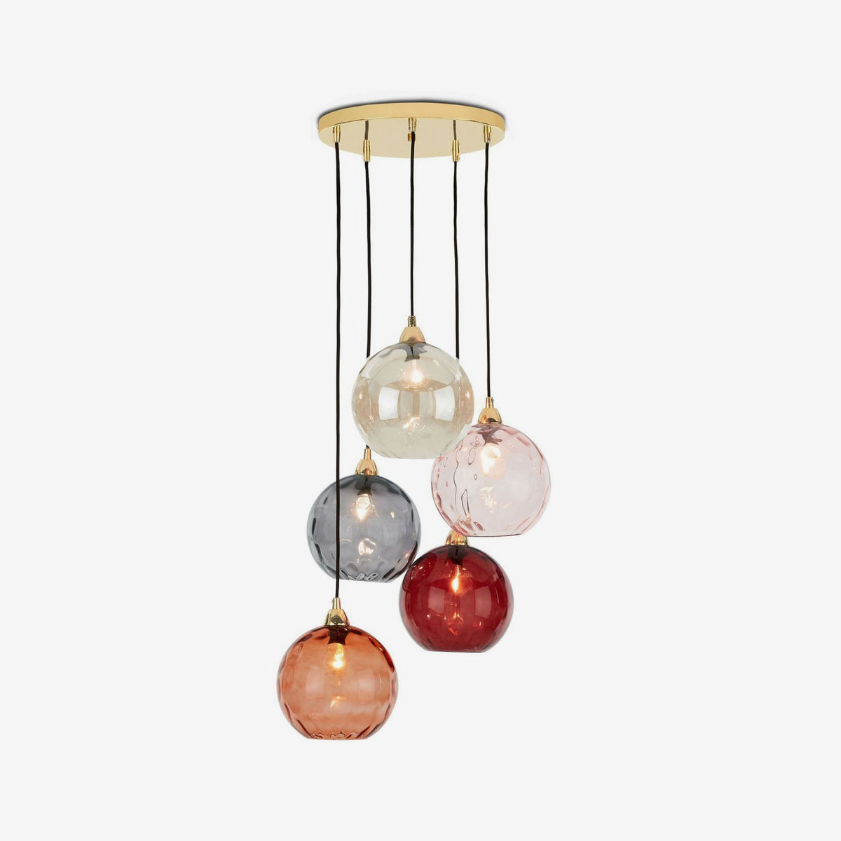Ilaria 5 Light Cluster Pendant No.3 in Polished Brass with Multi Colour Dimple Glass Shades