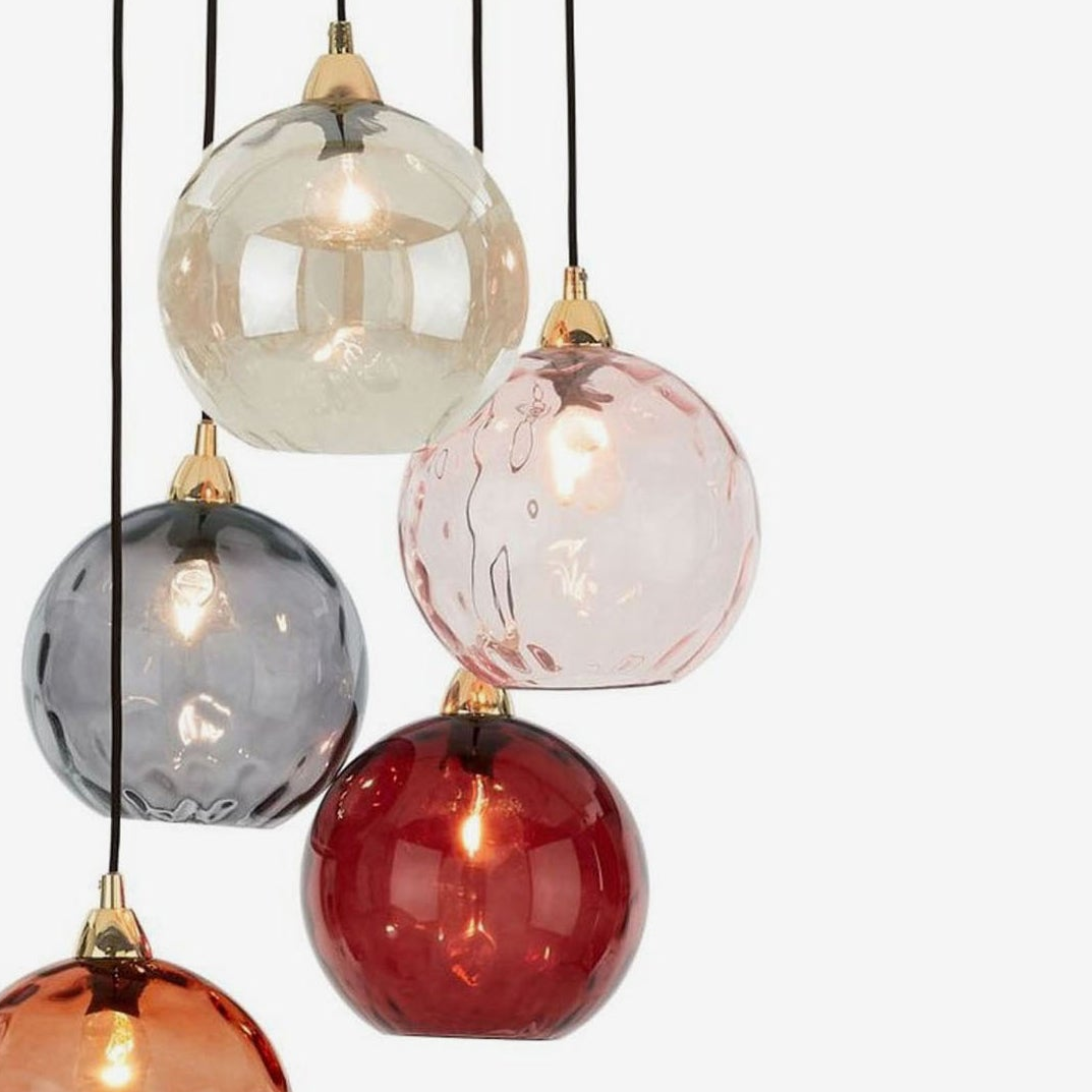 Ilaria 5 Light Cluster Pendant No.3 in Polished Brass with Multi Colour Dimple Glass Shades