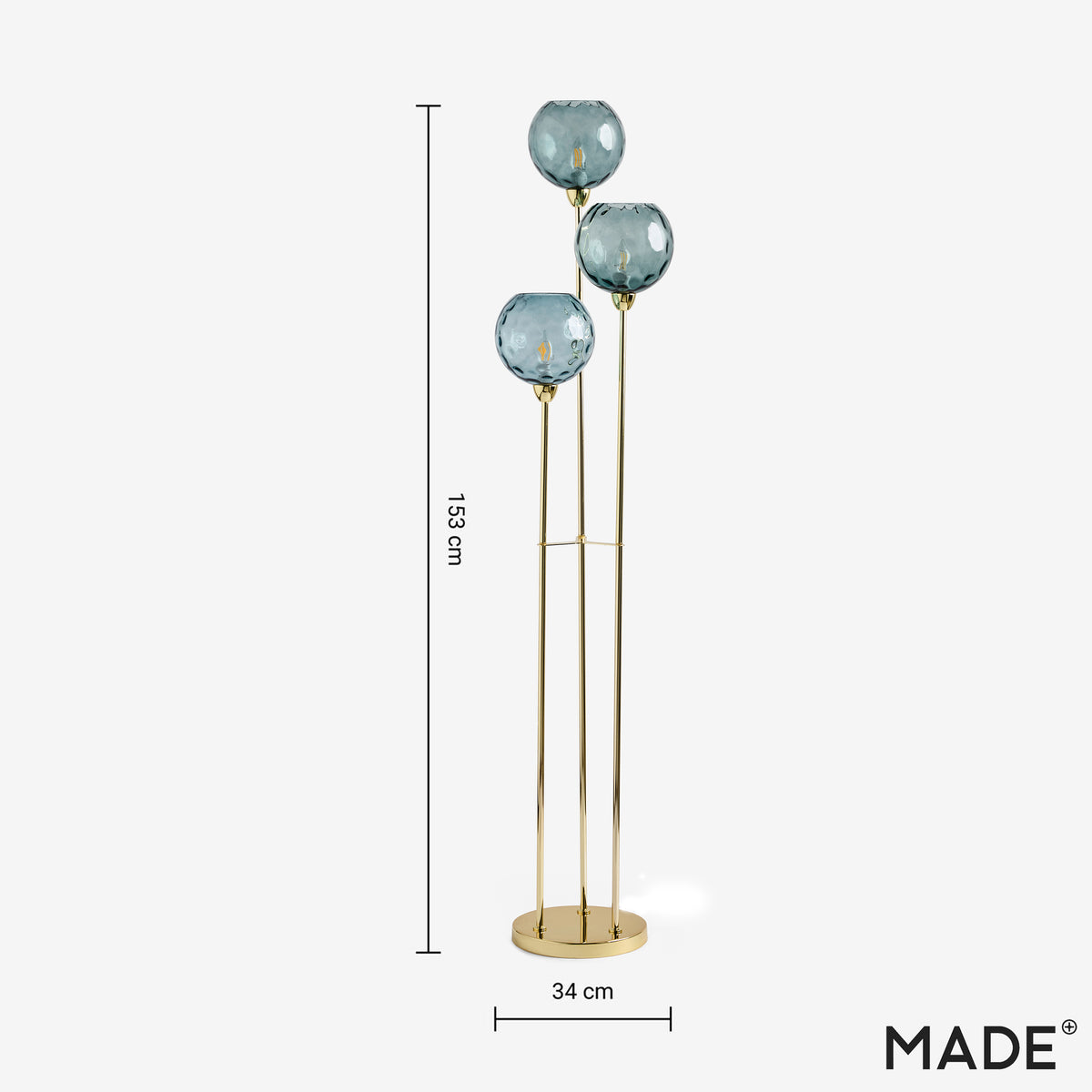 MADE.COM Ilaria 3 light floor lamp in polished brass with blue dimple glass shades showing 153 cm height and 34 cm width